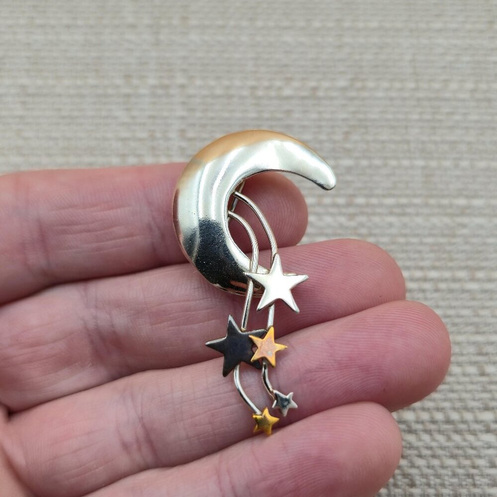 Sterling Silver Moon And Stars Handmade Pin Brooch A5527